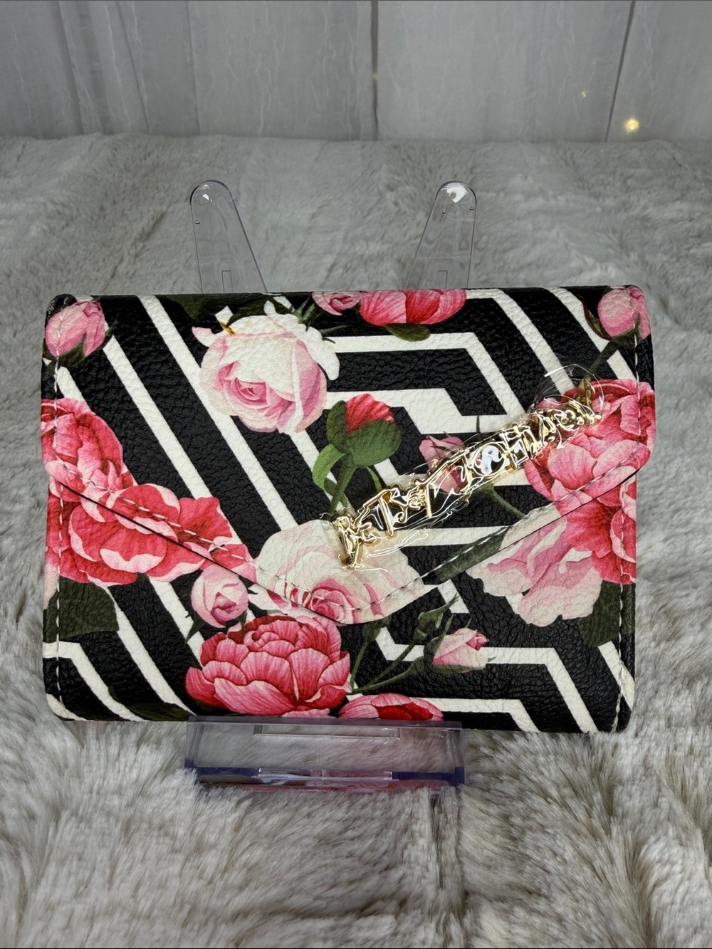 Betsey Johnson Black & White Geometric Stripe Floral Wallet